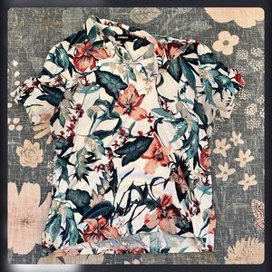 Express Tropical Floral Button Down Shirt - White and Green